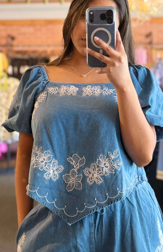 Floral Embroidery Denim Top