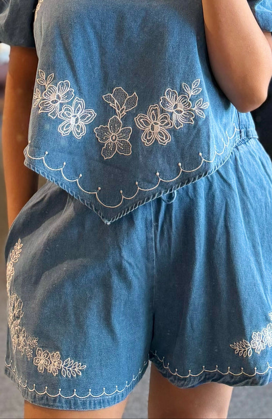 Floral Embroidery Denim Flare Shorts